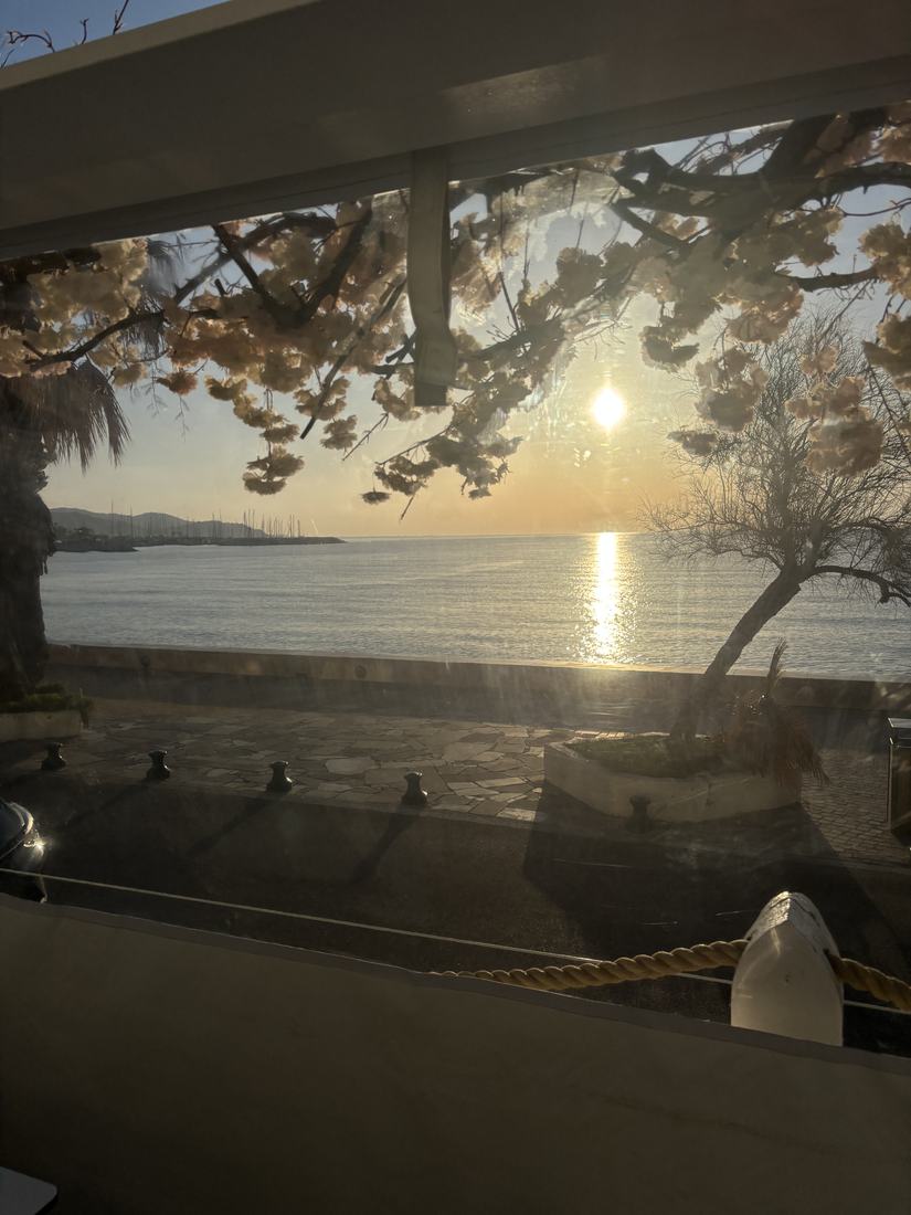 Vitrine de restaurant en bord de port à Grimaud après nettoyage, vue dégagée au coucher du soleil